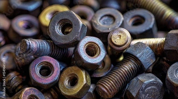 Fototapeta A pile of rusty bolts and nuts