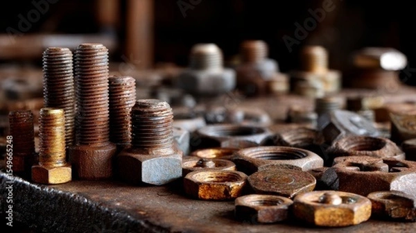 Fototapeta A pile of rusty bolts and nuts on a table