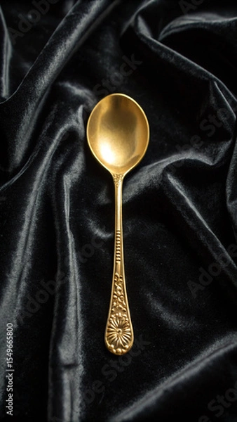 Fototapeta Elegant golden spoon placed on textured black velvet fabric for luxurious aesthetic.
