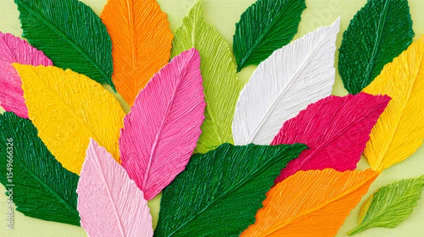 Fototapeta Flat lay of colorful feathers and green leaves on light background