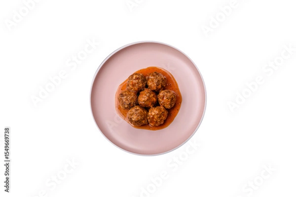 Obraz Meat, meatballs in tomato sauce, Italian food, beef or pork with salt . Meatballs with tomatoes
