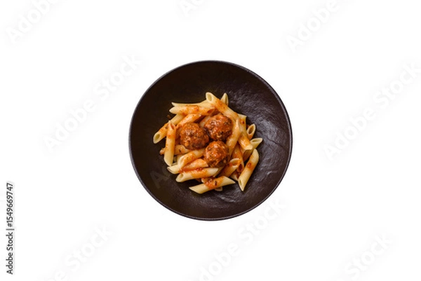 Obraz Penne pasta with meatballs in tomato sauce with salt and spices. Italian food penne pasta