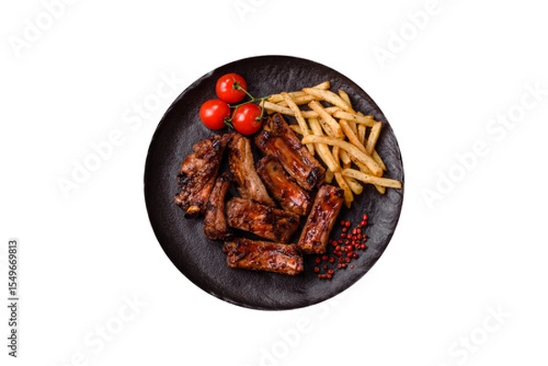Obraz Meat, beef ribs in a marinade grilled with salt and spices. Grilled ribs