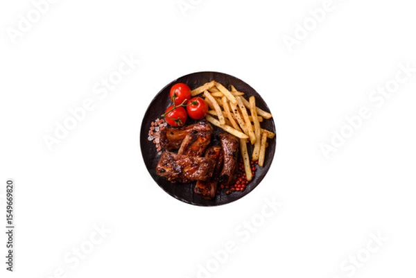 Obraz Meat, beef ribs in a marinade grilled with salt and spices. Grilled ribs
