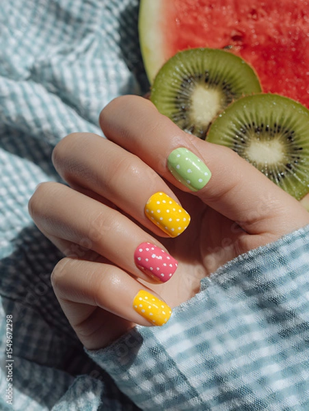Obraz Colorful summer polka dot manicure with watermelon and kiwi aesthetic