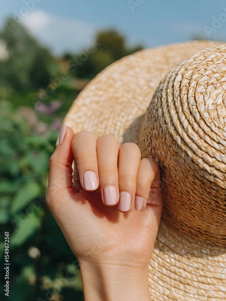 Obraz Natural nude manicure with sunhat and sunglasses in summer outdoor light