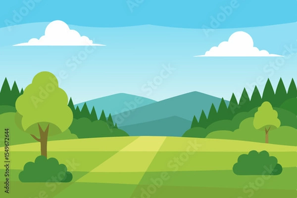 Fototapeta A vibrant cartoon landscape illustration of green hills and a sunny meadow with trees, mountains, and clouds under a blue sky