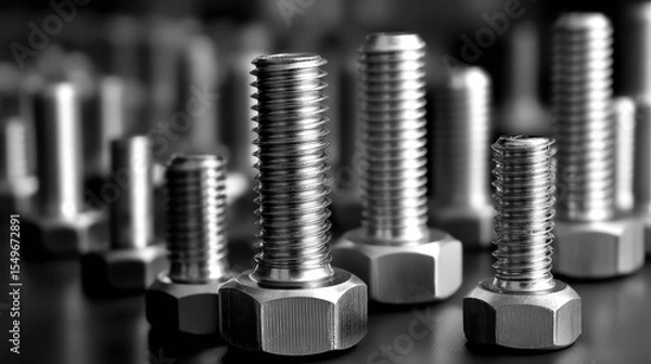 Fototapeta A row of silver bolts are lined up on a table