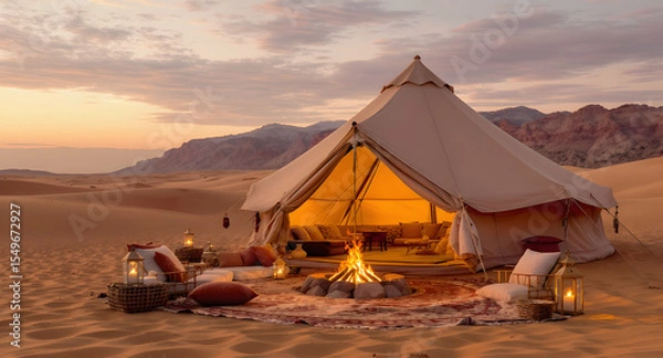 Fototapeta Desert Camp at Sunset: Illuminated Tent and Fire in Sand Dunes
