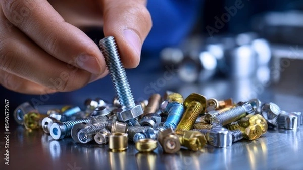 Fototapeta A person is holding a bunch of different sized nuts and bolts