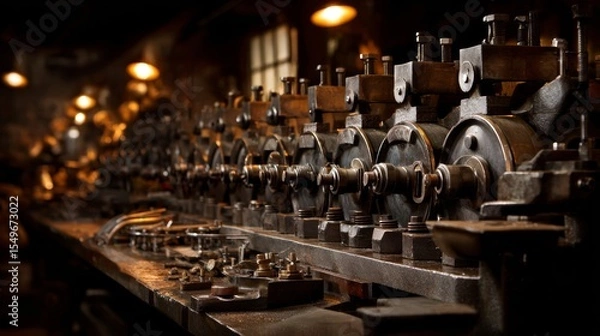 Fototapeta A row of old machines with many nuts and bolts