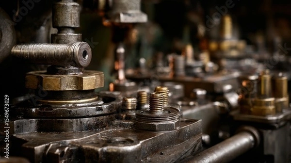 Fototapeta A close up of a machine with many nuts and bolts