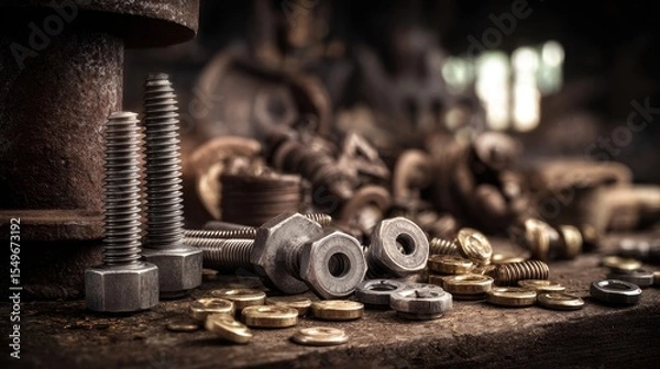 Fototapeta A pile of nuts and bolts on a table with a few coins scattered around