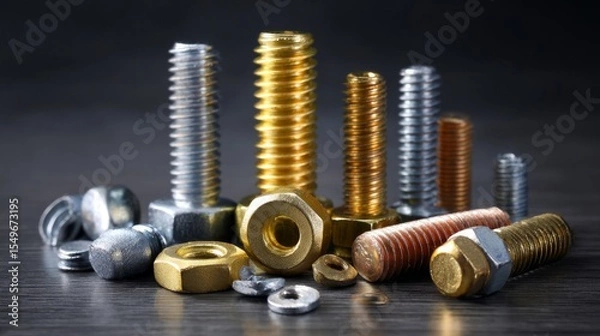 Fototapeta A collection of different sized nuts and bolts on a table