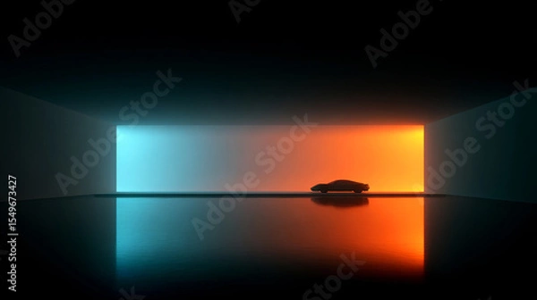 Fototapeta The car is parked in the middle of the room where light and shadow interweave