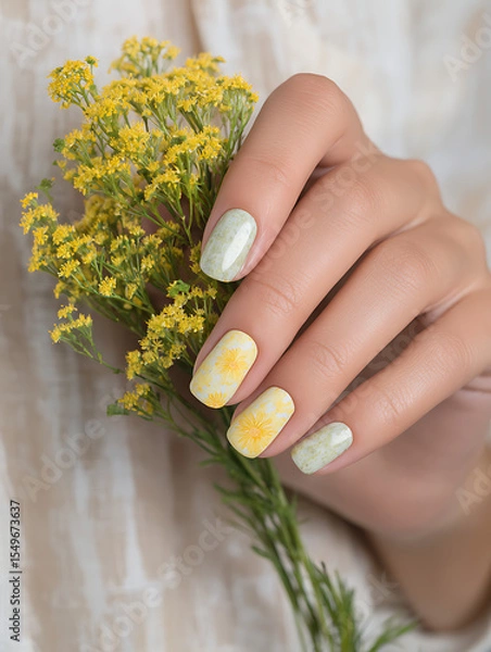 Obraz Close-up of a hand with yellow floral nail art holding fresh flowers spring inspired manicure with delicate daisy design