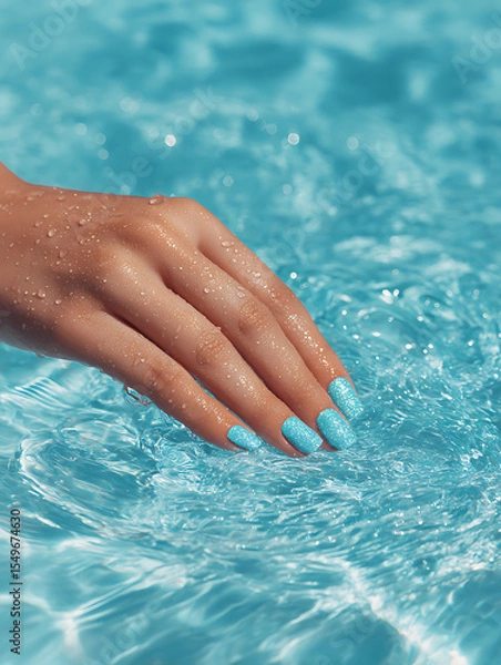 Obraz Blue glitter nail polish on wet hand touching pool water in summer light