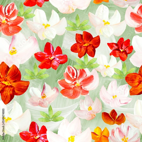 Fototapeta Seamless pattern of abstract red and white flowers. Original hand drawn, impressionism style, art painting, creative hand painted background, brush texture, acrylic.