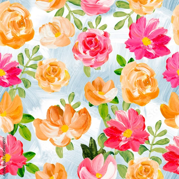 Fototapeta Seamless pattern of abstract yellow and pink flowers, original hand drawn, impressionism style, color texture, brush strokes of paint, art background