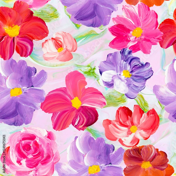 Fototapeta Seamless pattern of abstract purple, red and pink flowers, original hand drawn, impressionism style, color texture, brush strokes of paint, art background