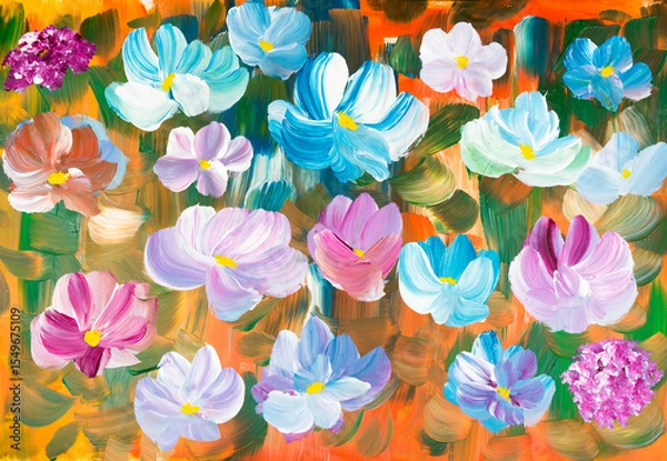 Fototapeta Abstract flowers, original hand drawn, impressionism style, color texture, brush strokes of paint, art background.