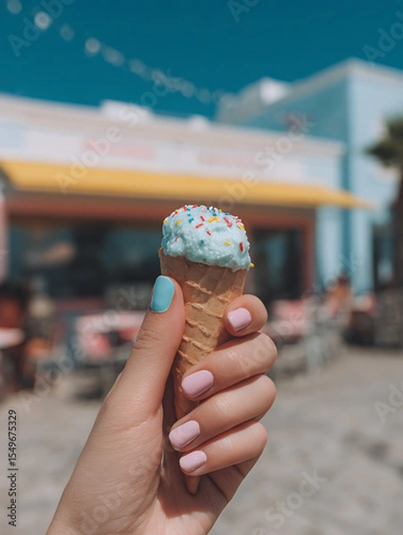 Obraz Summer pastel manicure with pink and blue nails holding mint ice cream cone