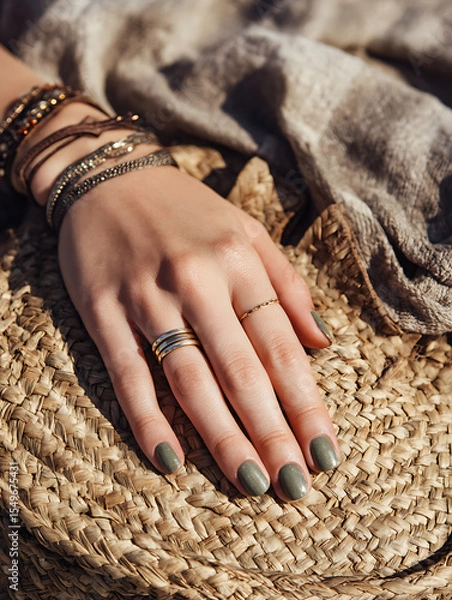 Obraz Earthy green nail polish on hand with boho jewelry resting on woven straw hat