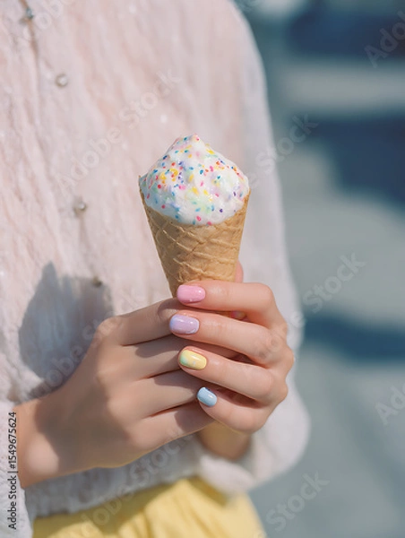 Obraz Colorful pastel nails holding vanilla ice cream cone with sprinkles on a sunny day