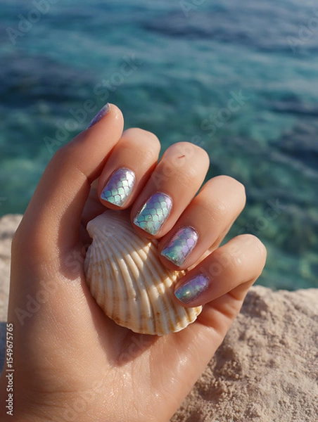 Obraz Mermaid scale holographic nail art with seashell by tropical sea