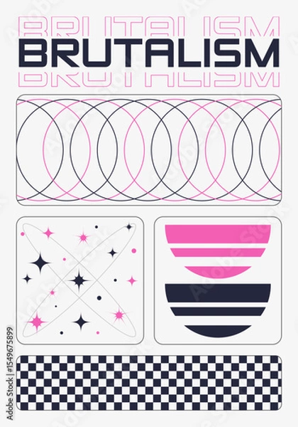 Fototapeta Retro poster with  brutalist abstract geometric elements. Minimalist Y2K aesthetic design.