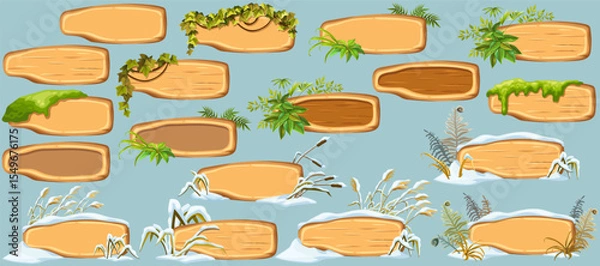 Obraz Cartoon game panels with swamp moss, forest lichen, liana branches, jungle leaves, ivy. Marsh reed under snow. Swamp cattails, fern winter. Broken weed and snowdrifts. Vector signboards, frames.