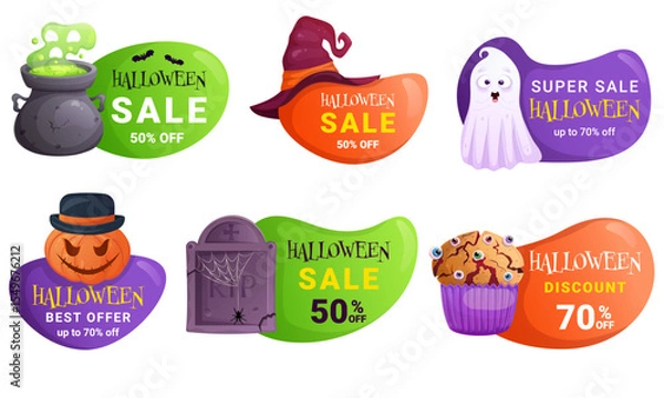 Fototapeta Halloween sale badge set with witch cauldron, ghost, pumpkin, potion, witch hat and creepy muffin. Cartoon discount label collection with spooky elements.