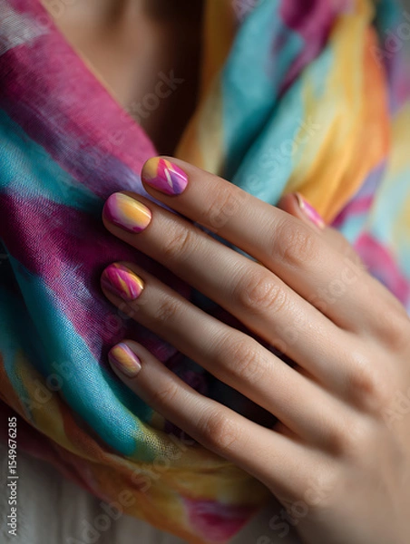 Obraz Close-up of colorful hand-painted nails with pink and turquoise polish wrapped in a vibrant scarf – nail art and manicure concept