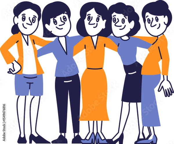 Fototapeta Group of Women Standing Together in Friendly Hug – Diverse Female CharactersGroup of Women Standing Together in Friendly Hug. Diverse Female Characters Smiling and Embracing in Flat Vector Styl.