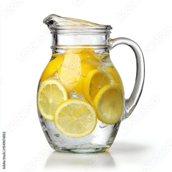 Fototapeta glass pitcher with water and lemon slices, isolated on white background