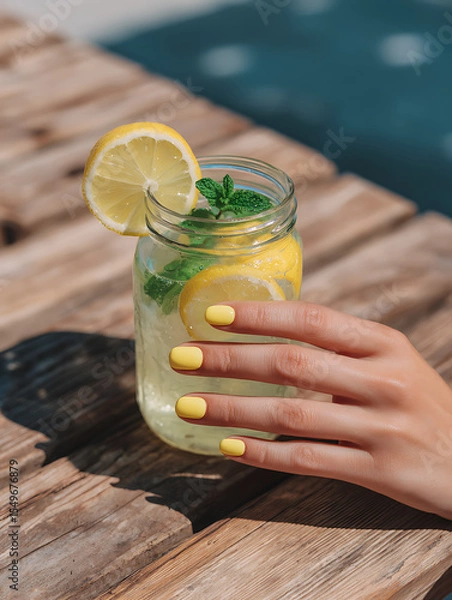 Obraz Bright Yellow Summer Nails Holding Lemonade Jar by Poolside