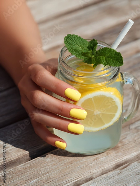 Obraz Yellow Summer Manicure with Lemon Drink on Wooden Table