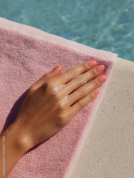 Obraz Wet Hand with Pink Summer Nails and Skincare Cream by Poolside