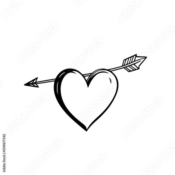 Fototapeta Heart Pierced by Arrow: A simple line art illustration of a heart pierced by a cupid's arrow, symbolizing love and romance in a minimalist black and white style.