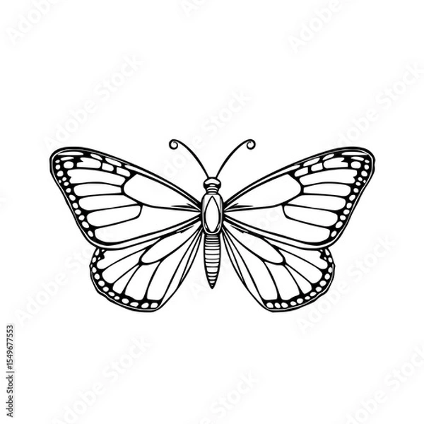 Fototapeta Monarch Butterfly Line Art: A detailed black and white illustration of a monarch butterfly, showcasing its intricate wing patterns and elegant form against a white background.