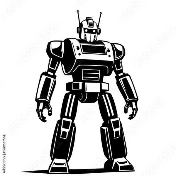 Fototapeta Retro Robot Illustration: A bold, monochrome line art illustration depicts a vintage-style robot, showcasing its mechanical details and imposing stance against a white background.