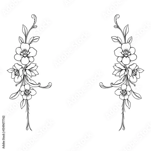 Fototapeta Elegant Floral Frame: A delicate line art illustration features two symmetrical floral arrangements, showcasing intricate blossoms and leaves on a white background.