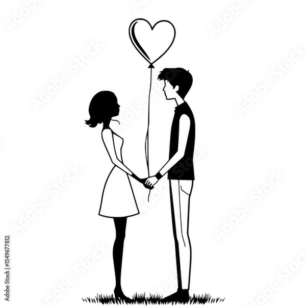 Fototapeta Romantic Couple Silhouette: A charming black and white line art illustration depicts a couple holding hands, a heart-shaped balloon floating between them, set against a simple grass background.