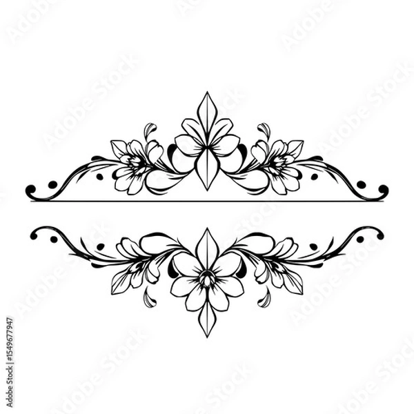 Fototapeta Elegant Floral Frame: A delicate black and white line art illustration features a pair of symmetrical floral arrangements, perfect for design and decorative purposes.