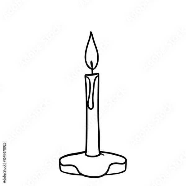 Fototapeta Lit Candle: A simple line art illustration of a burning candle on a base, showcasing its elegant simplicity and peaceful ambiance in monochrome.