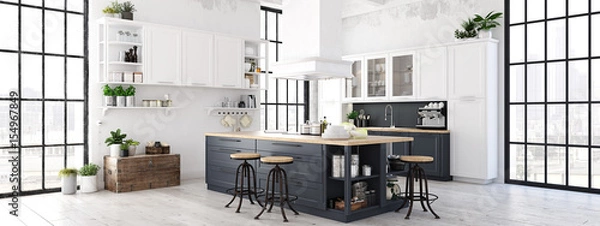 Fototapeta modern nordic kitchen in loft apartment. 3D rendering