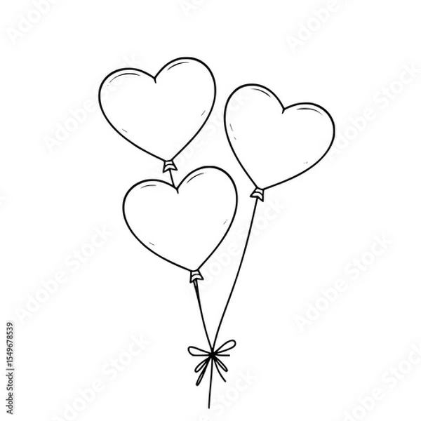 Fototapeta Three Heart Balloons: A charming line art illustration of three heart-shaped balloons tied together with a ribbon, perfect for Valentine's Day or romantic designs.