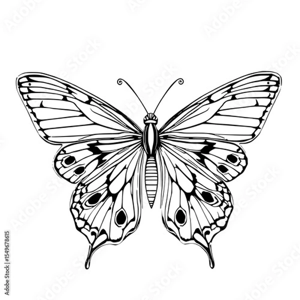 Fototapeta Elegant Butterfly Line Art: A striking monochrome illustration showcases a detailed butterfly, its intricate wings and delicate antennae rendered in bold black ink lines against a white backdrop.