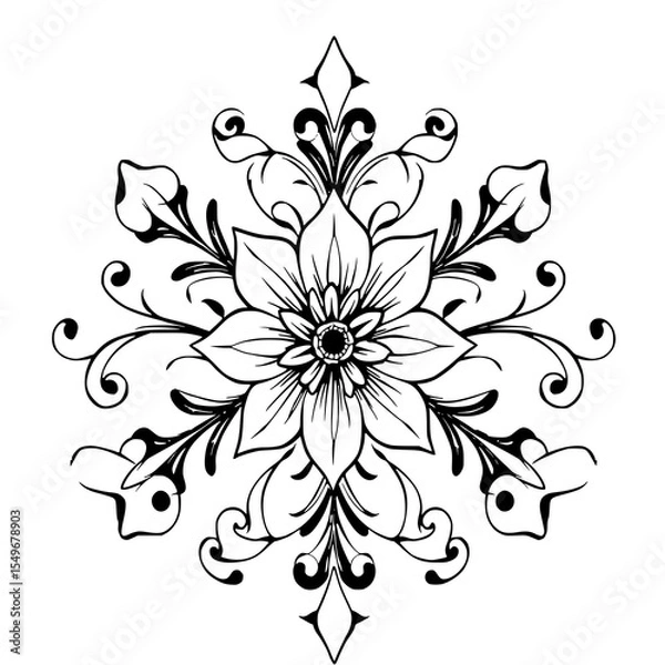 Fototapeta Ornate Floral Mandala: A striking black and white line art illustration showcases a symmetrical floral design, intricate details, and elegant swirls.