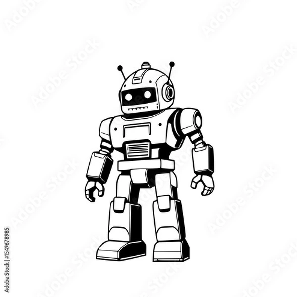 Fototapeta Friendly Robot: A charming monochrome line art illustration of a cute, retro-style robot, showcasing its playful design and simple features.